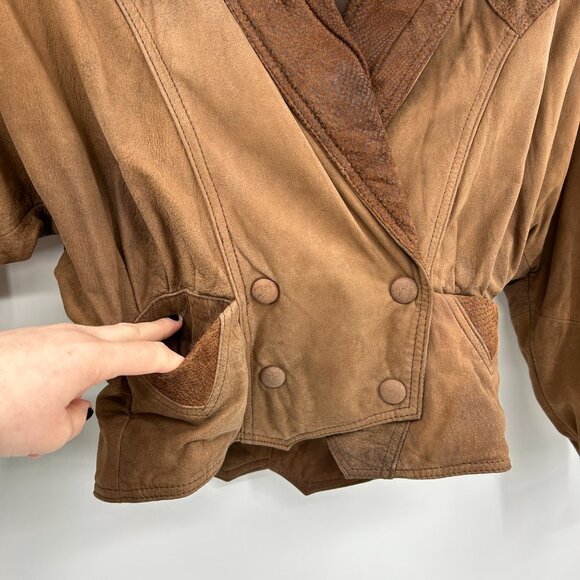 CHIA Vintage Brown Leather Dolman Sleeve Shoulder Pad Cropped Jacket Size XS - Picture 5 of 9